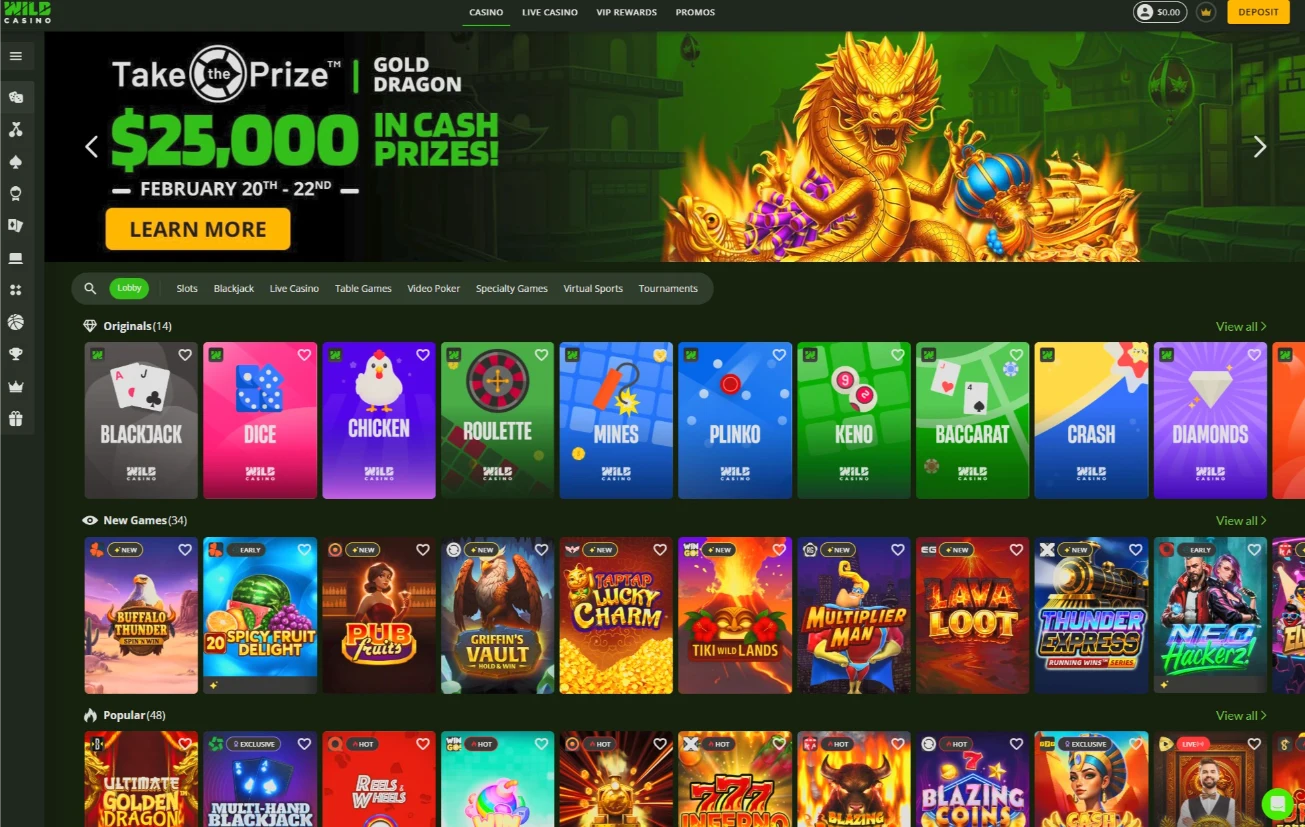 Wild Casino Game Lobby Featuring Over 1700 Games