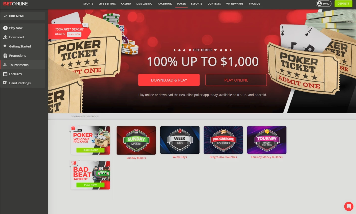 BetOnline Poker Client Downloadable Interface