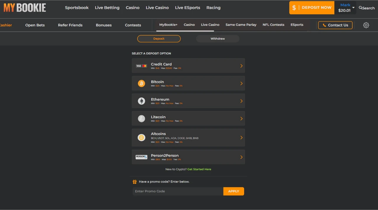 MyBookie Deposit Cashier Options