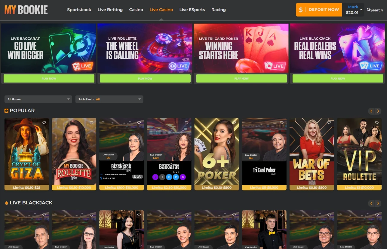 MyBookie Live Casino Dealer Tables