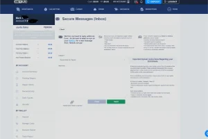 BetUS secure messages with document attachments and Request Payout and Track Payout menu entries