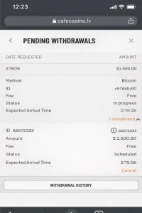 Cafe Casino withdrawal screen
