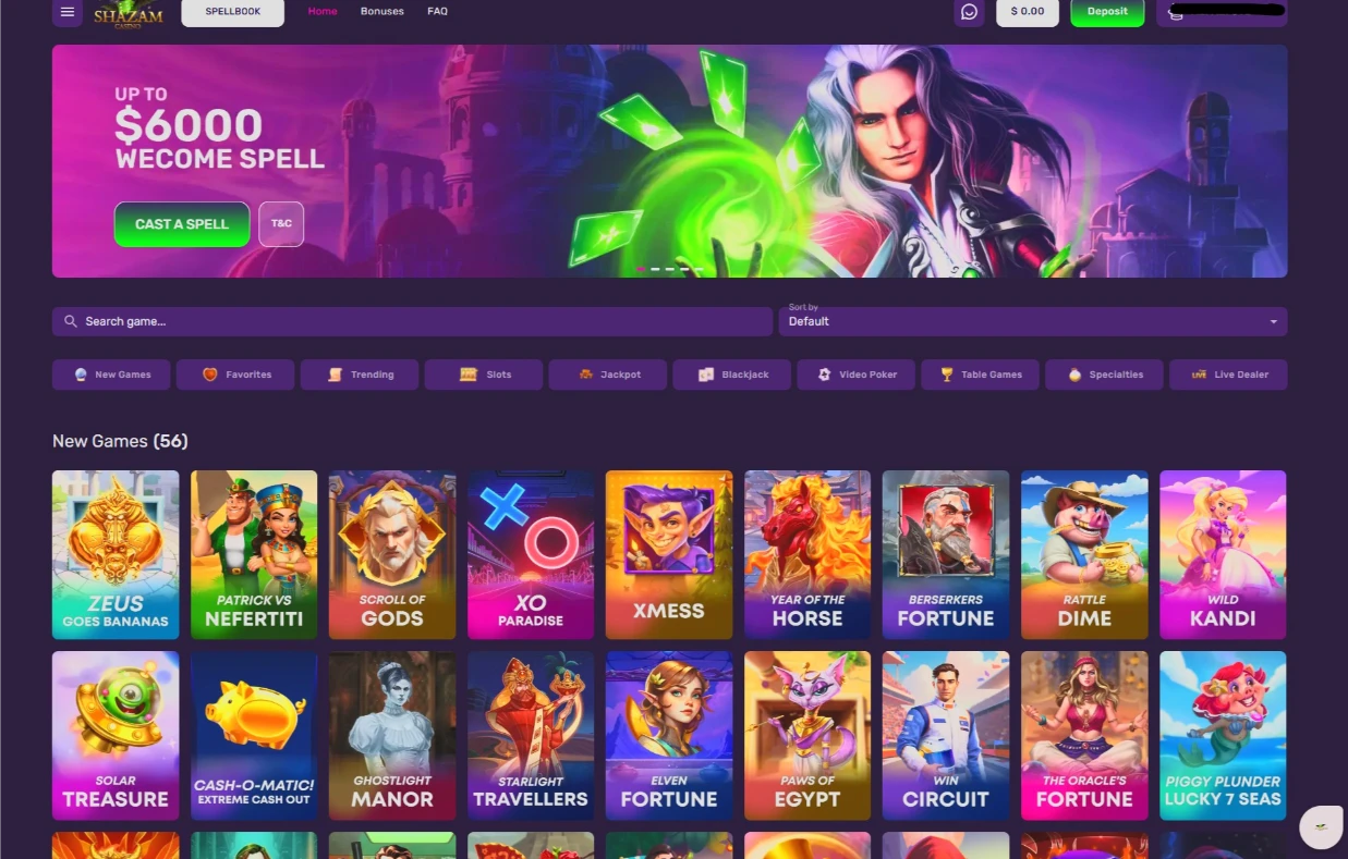 Shazam Casino Main Lobby Screen