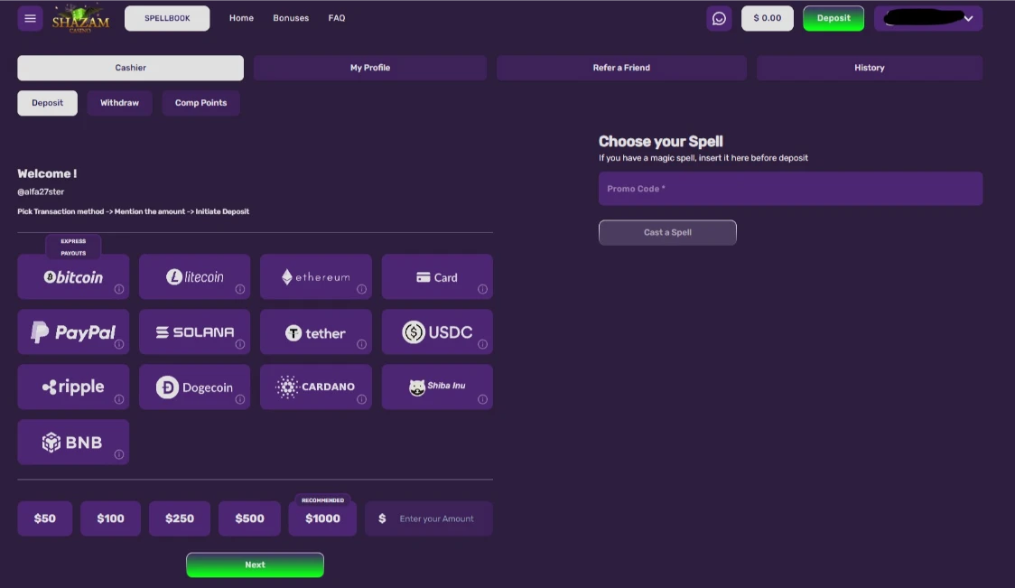 Shazam Casino Deposit Options Screen