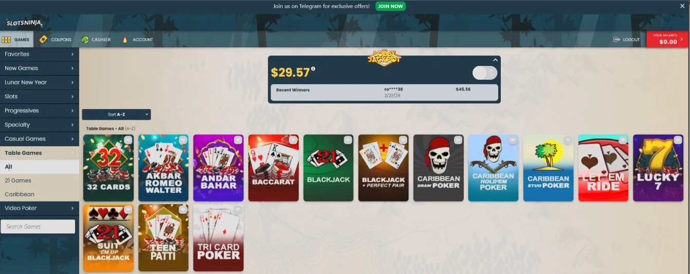 Slots Ninja RNG Table Games Interface