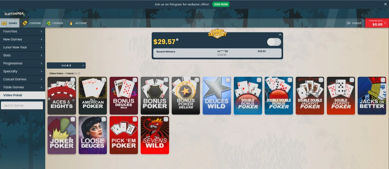 Slots Ninja Video Poker Lobby
