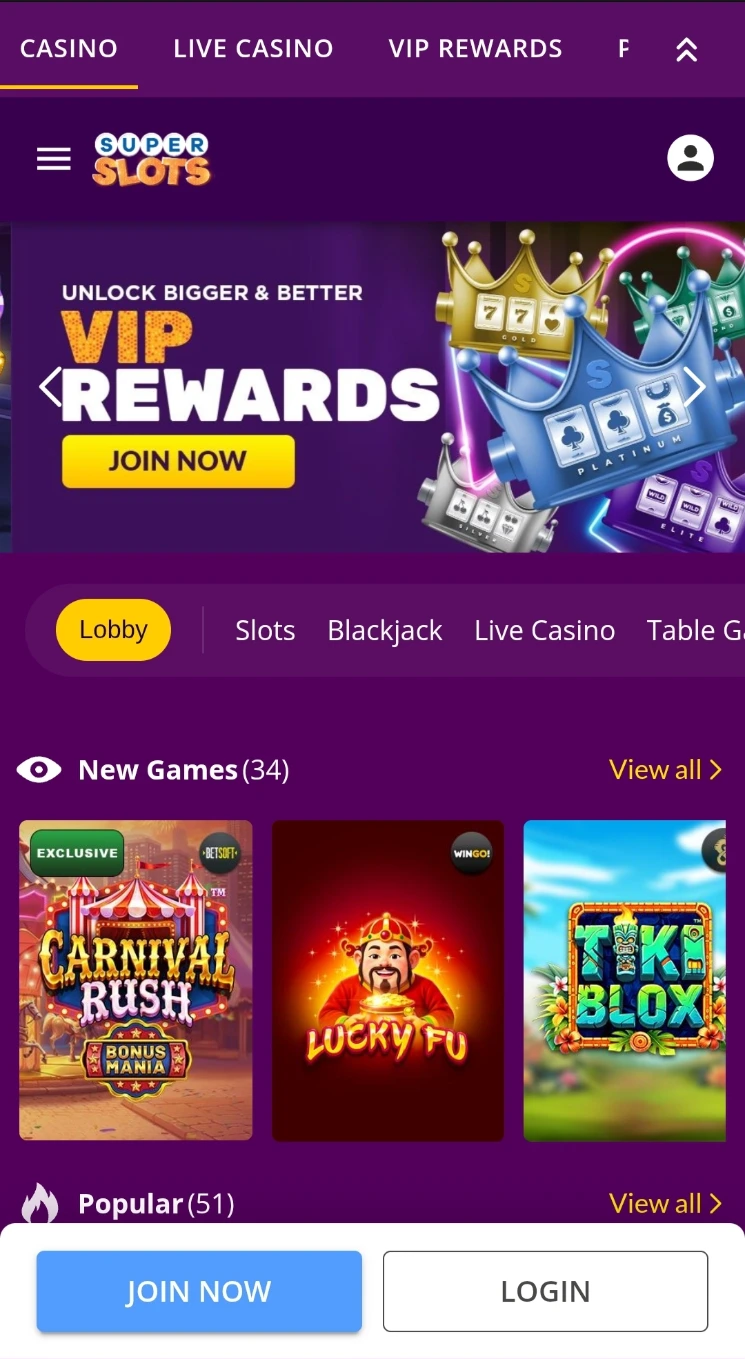 Super Slots Mobile Screen