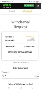 Wild Casino cashier with cash funds and a pending $500 withdrawal request