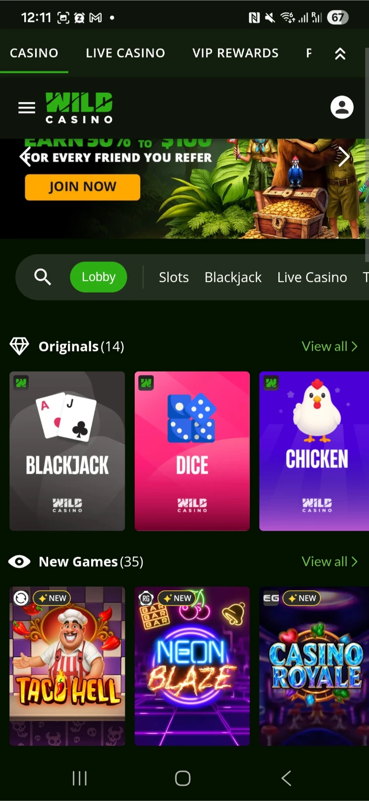 Wild Casino Mobile Interface