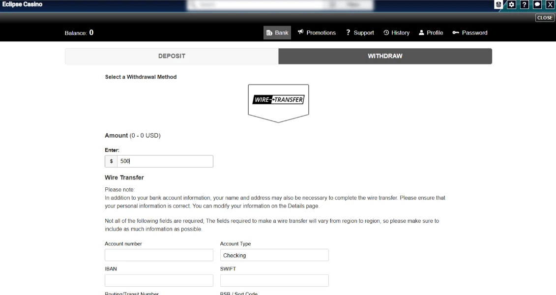 Eclipse Casino Withdrawal Request Screen