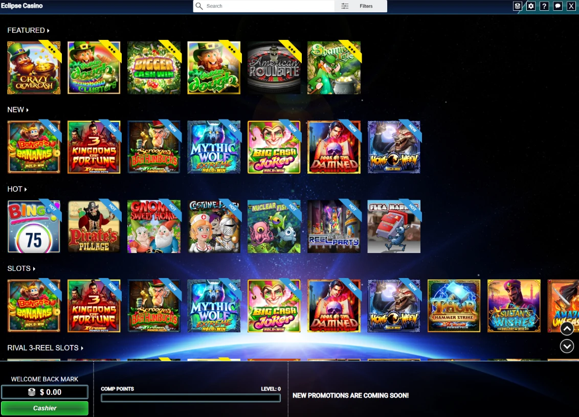 Eclipse Casino Main Dashboard Lobby