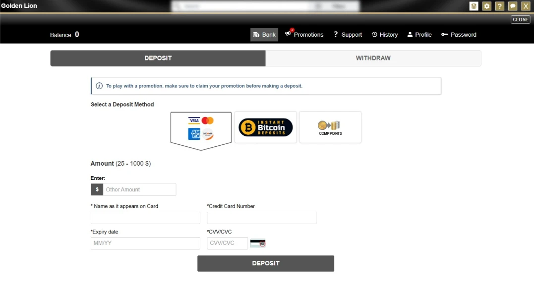 Golden Lion Casino Deposit Cashier Interface